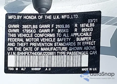 2021 Honda Civic Sport z USA, uszkodzony, nr VIN SHHFK7H4XMU220661